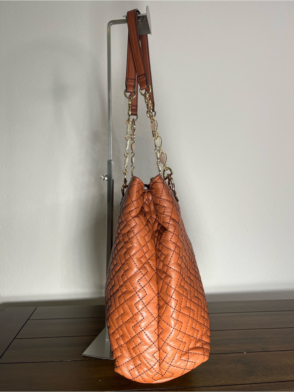 Anne Klein Quilted Cognac Leather Shoulder Bag with Heart Chain - Picture 2 of 9